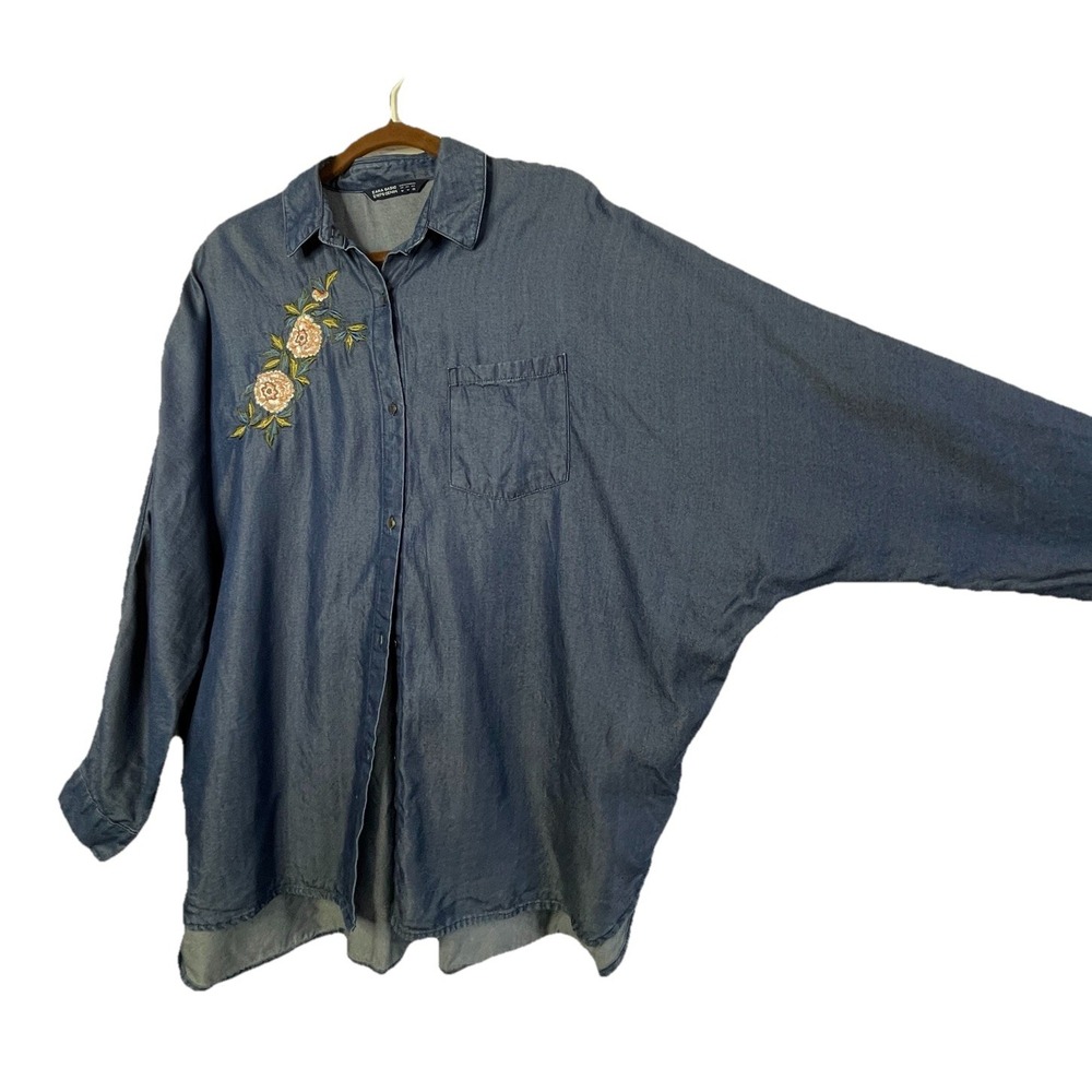 Zara‎ Oversized Batwing Denim Chambray Embroidered Tunic Women's Size M Western - Picture 7 of 10